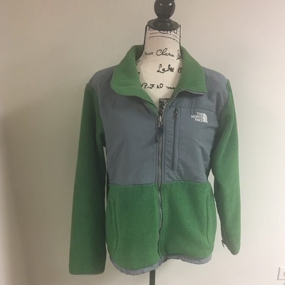 green and grey north face jacket